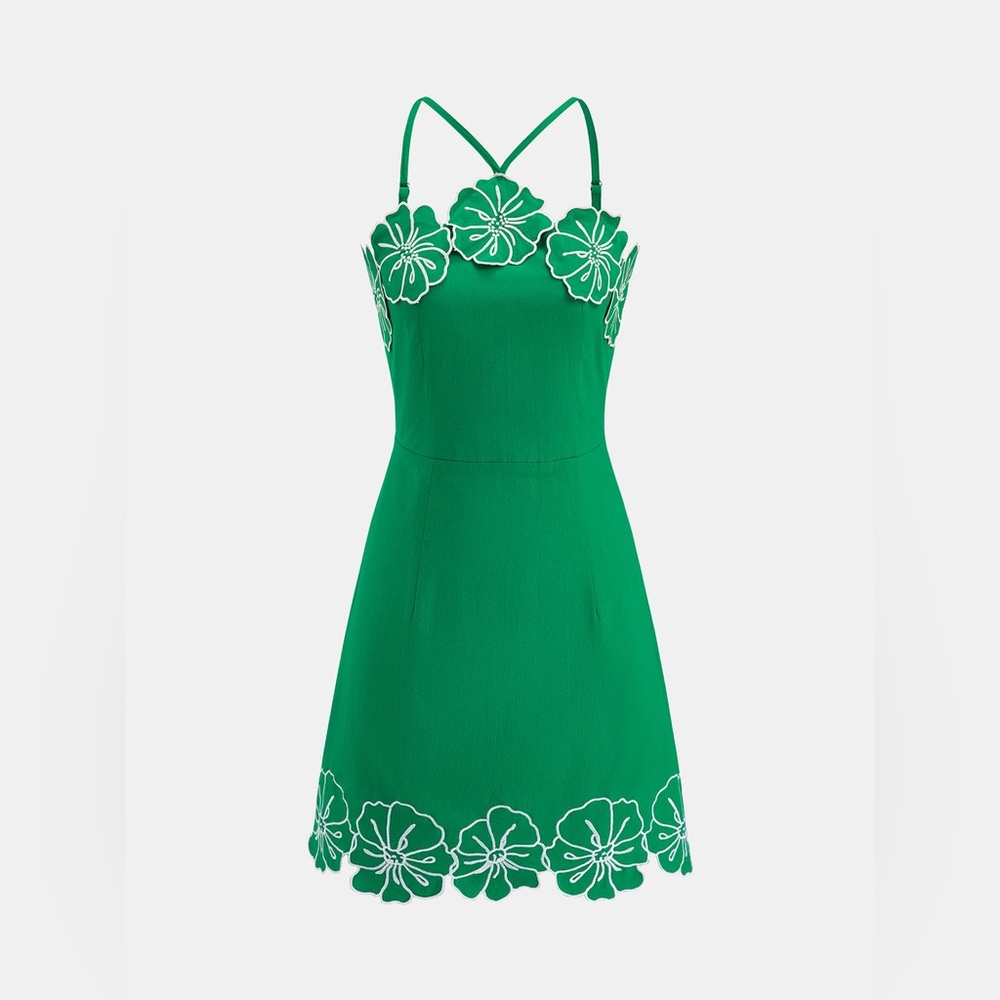 Commense Green Floral Trim Spaghetti-Strap Dress - Picture 2 of 3